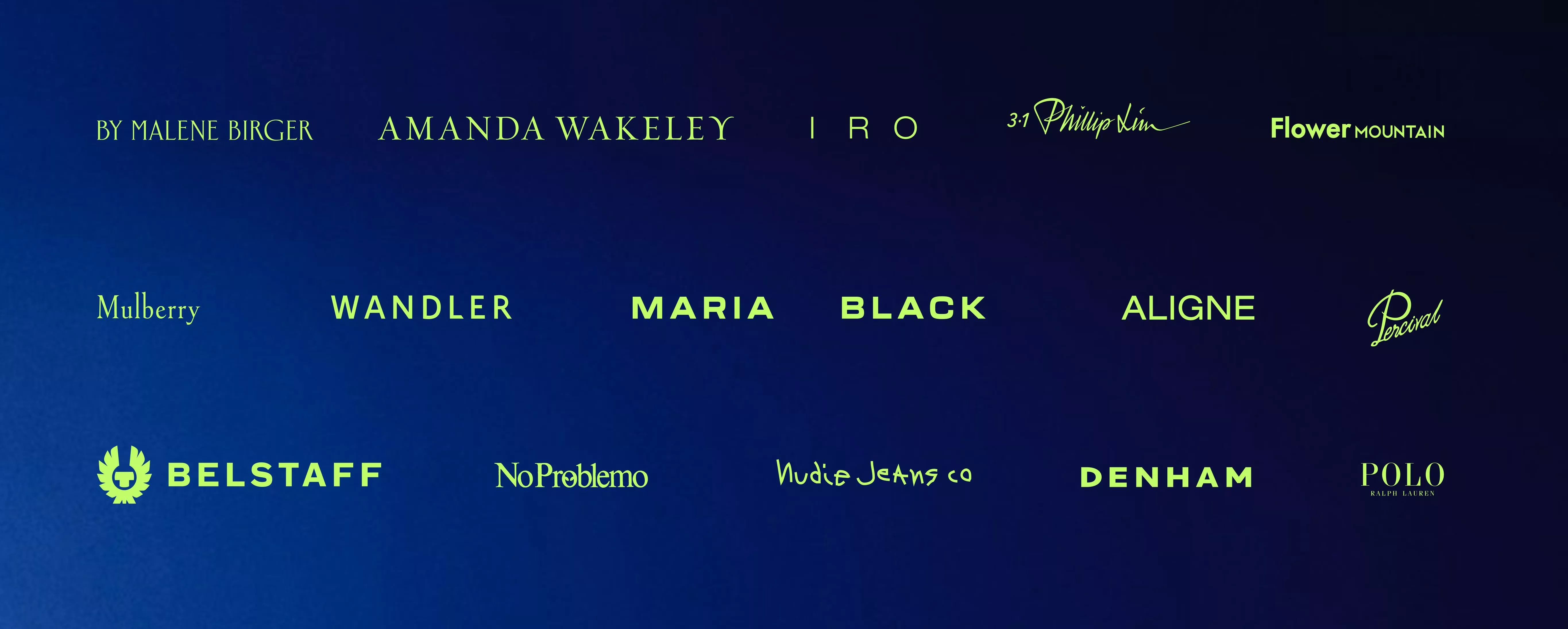 Fashion brand logos collage on blue background, featuring Mulberry, Belstaff, Polo Ralph Lauren and more