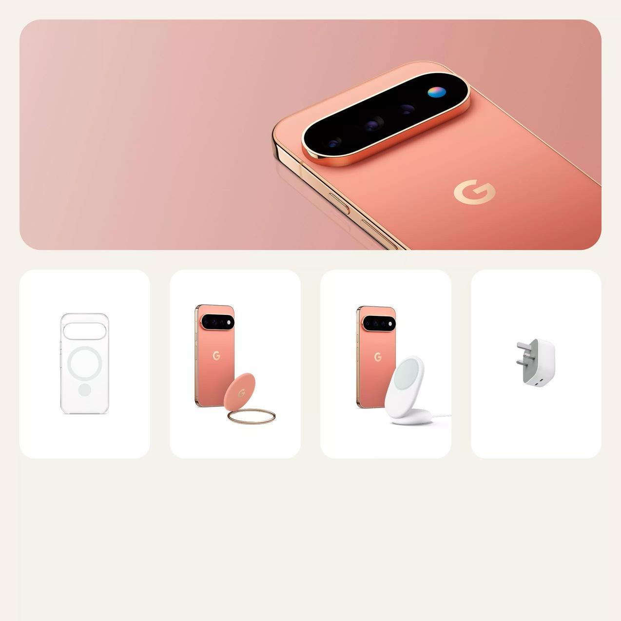 Pink Google Pixel smartphone displayed alongside accessories including a case, magnetic stand, and charger.