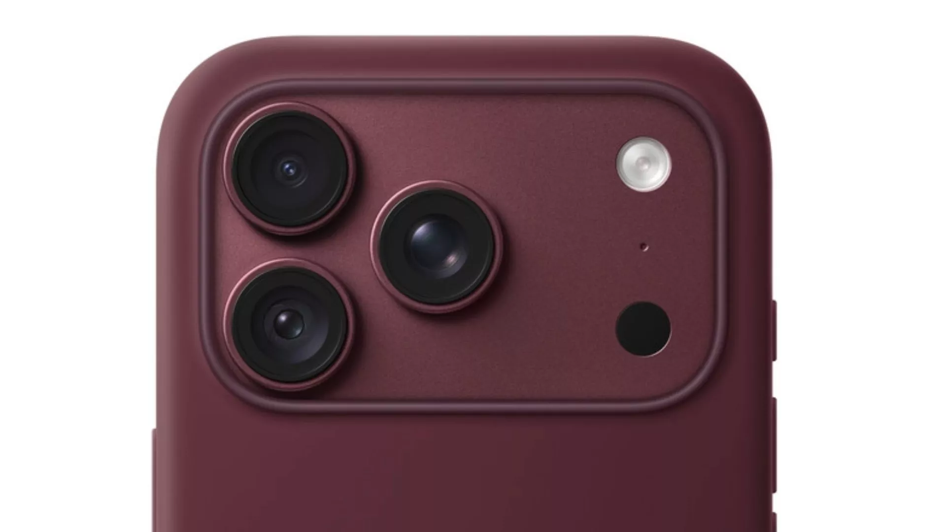 Close-up back view of an iPhone in a deep maroon or burgundy protective case, highlighting a triple-lens camera module, LED flash, and sensor cutout.