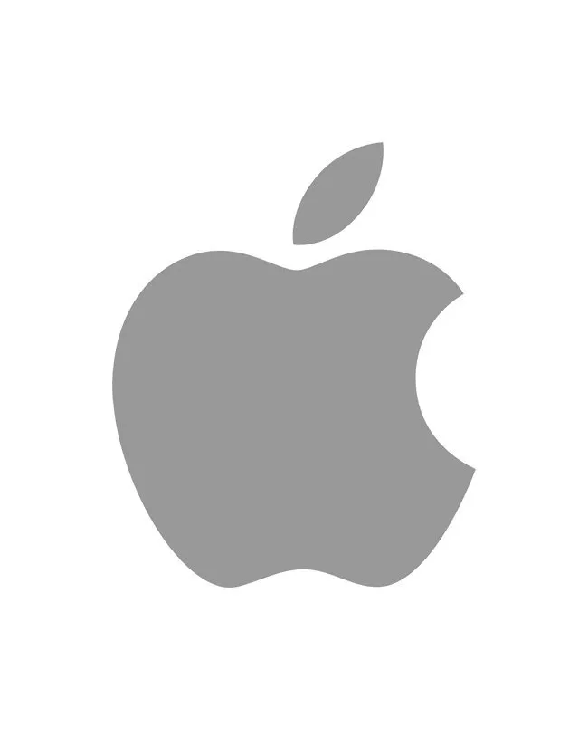 Grey Apple logo on a white background, featuring a bitten apple with a leaf on top. Iconic technology brand symbol.
