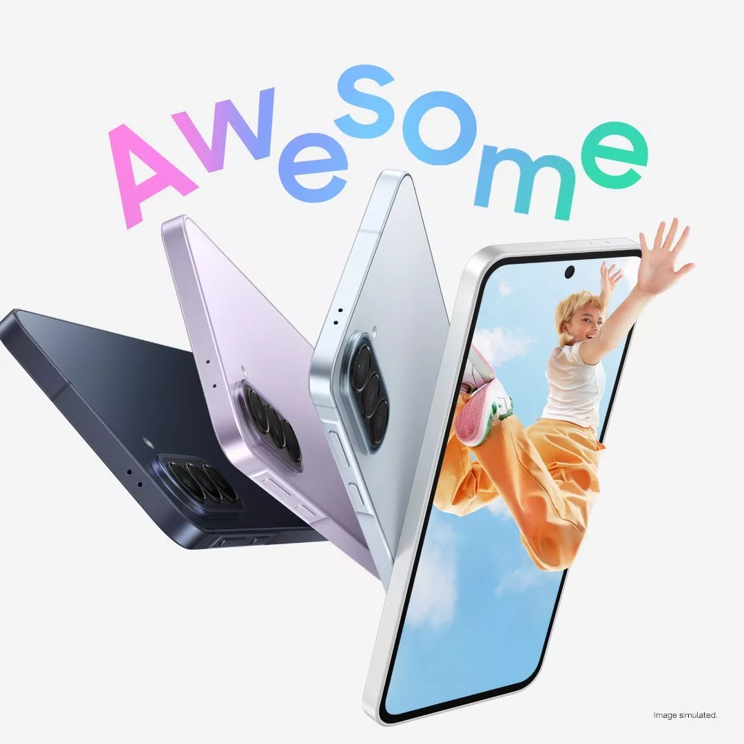Samsung Galaxy A57/A37 5G phones with earbuds. Vibrant "Awesome" text showcasing sleek design.
