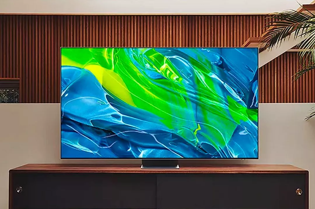 TV with blue and green image on the screen 
