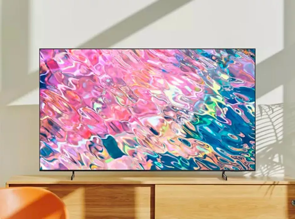 TV with pink abstract image on the screen