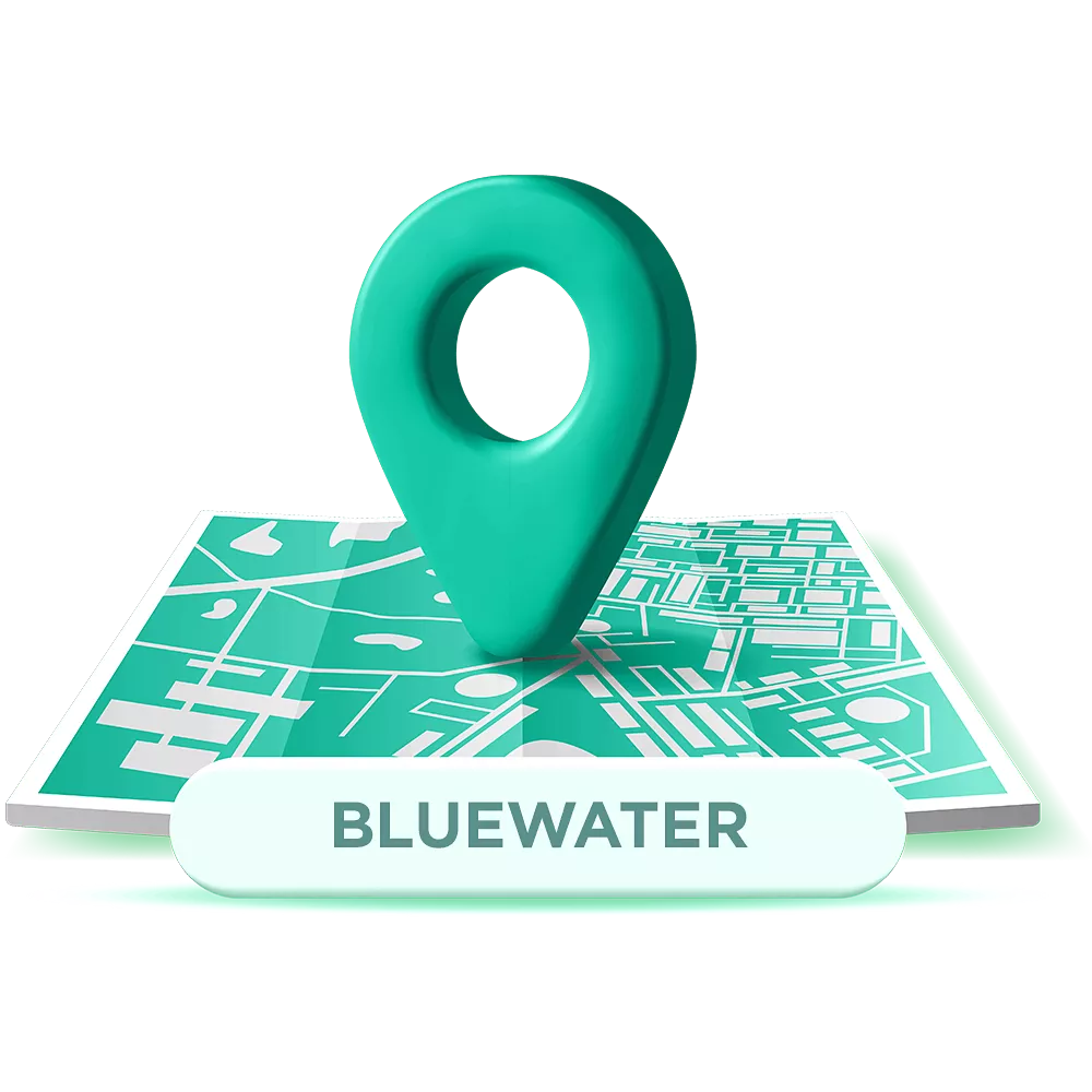 A teal map pin on a stylised map with "Bluewater" label, conveying location information.