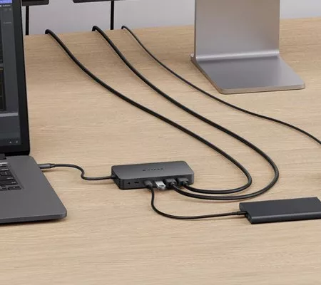 Laptop connected to dual extended 4K monitors via USB-C hub, ideal for MacBook, PC and Chromebook multitasking