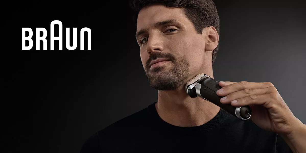This is banner for Braun with a man holding a shaver.