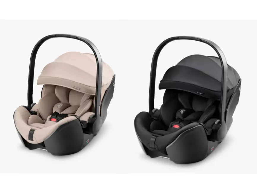 Beige and black infant car seats with carry handles and canopy, shown side by side on white background.