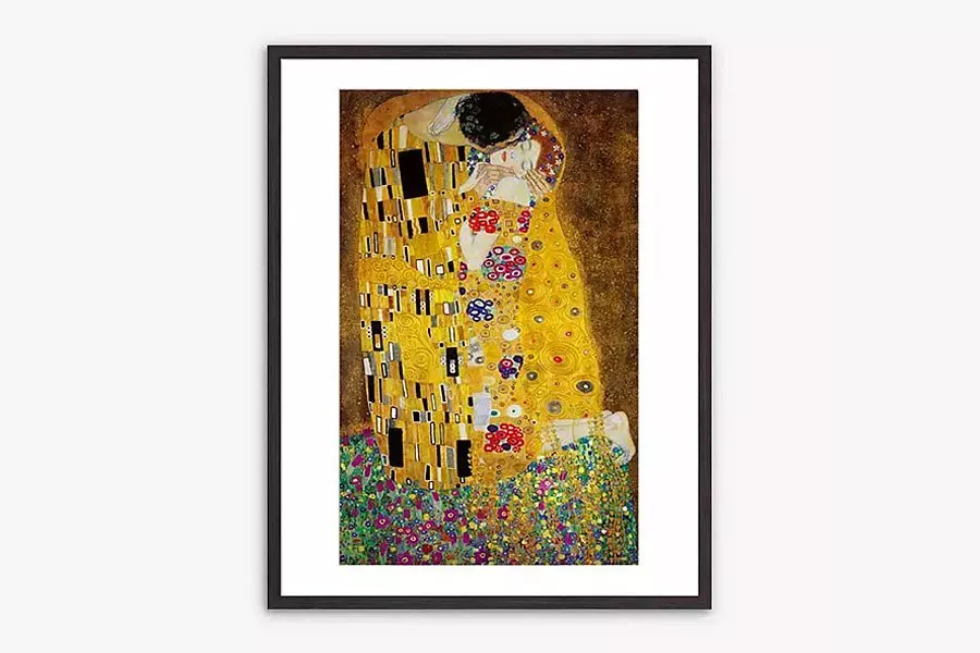 Framed Gustav Klimt The Kiss art print, gold mosaic lovers embracing, modern wall decor on white background