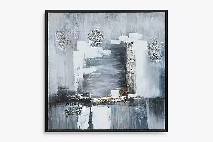 Abstract grey and white textured canvas wall art in black frame, modern minimalist painting for living room decor