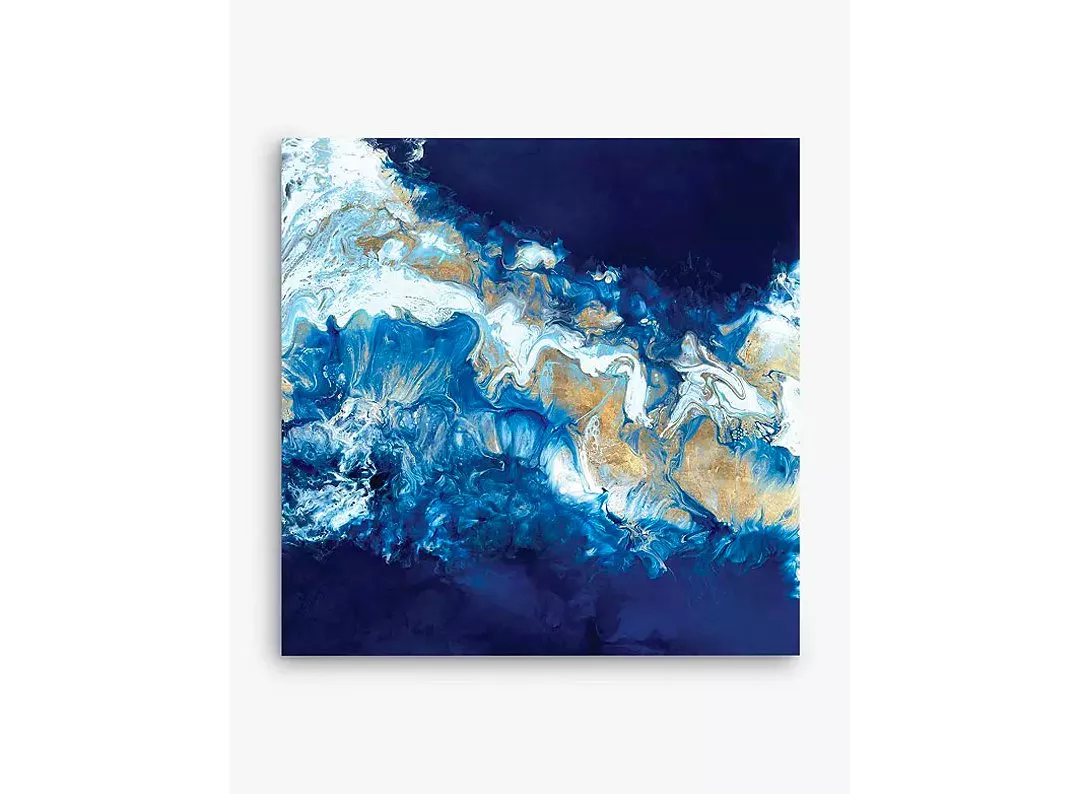 Abstract blue and white fluid art canvas with gold accents, modern ocean-inspired wall art painting