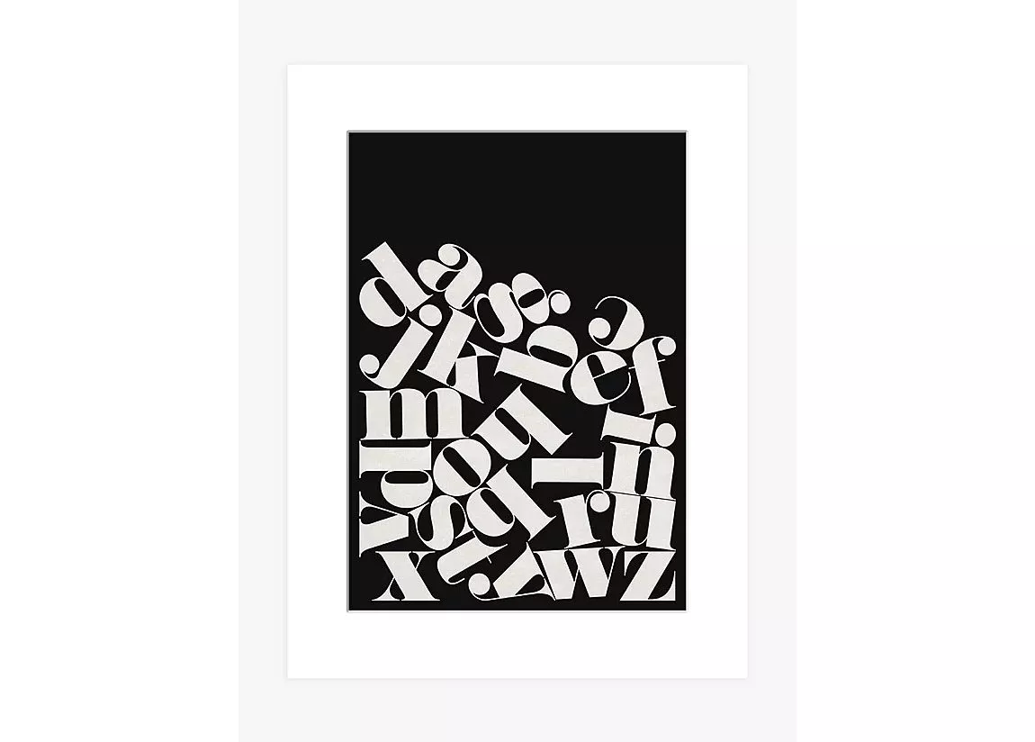 Abstract typographic poster with scattered white alphabet letters on black background, modern graphic wall art print