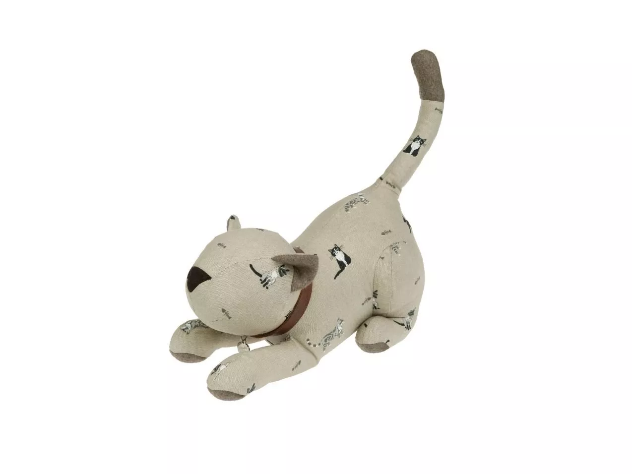 Soft fabric cat doorstop with cat print and raised tail, beige stuffed animal home décor accessory