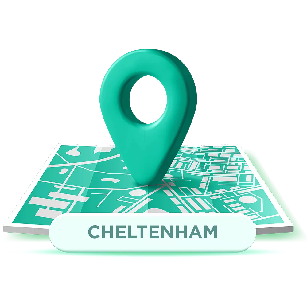 A teal map pin on a stylised map with "Cheltenham" label, conveying location information.