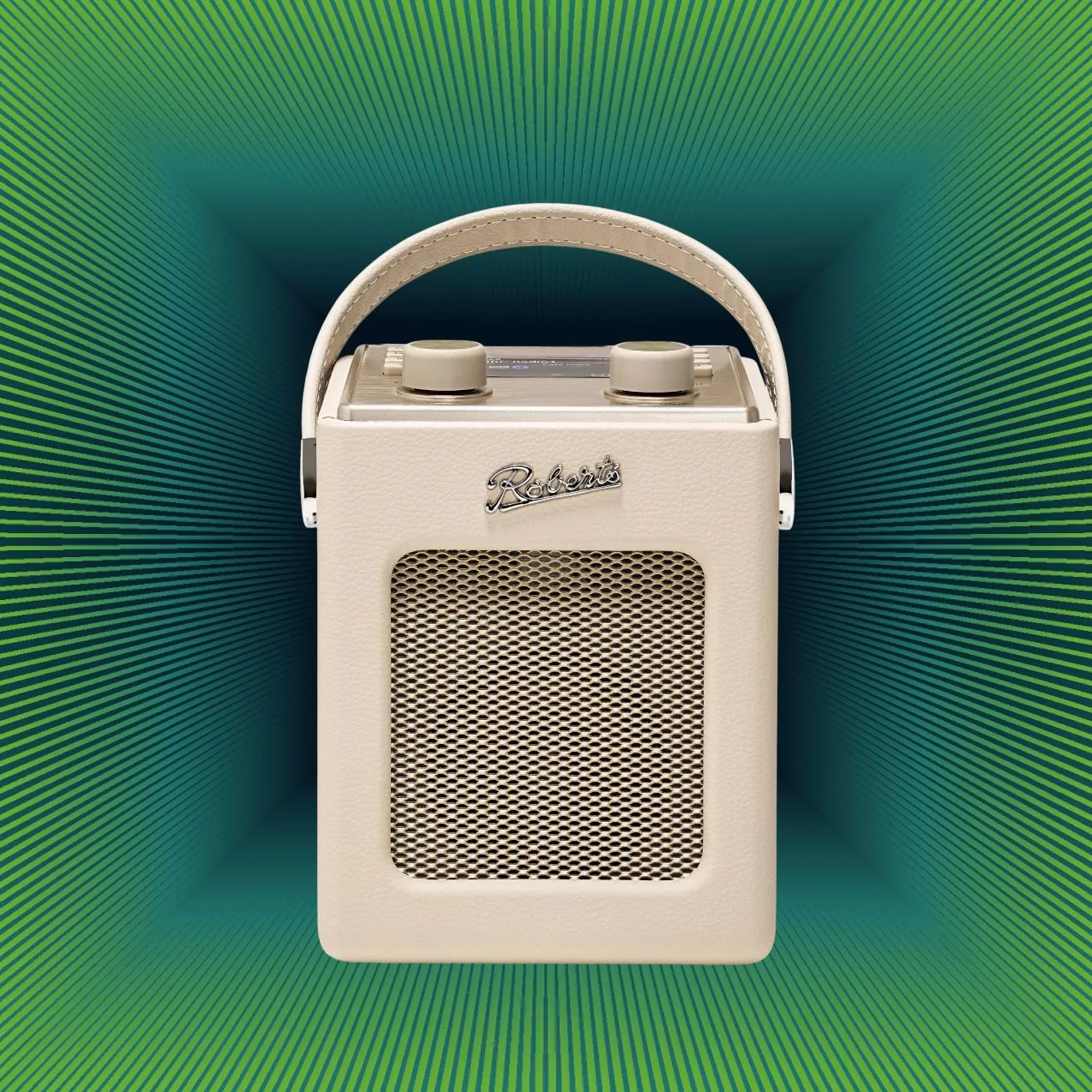 Roberts radio in beige, on a festive green background