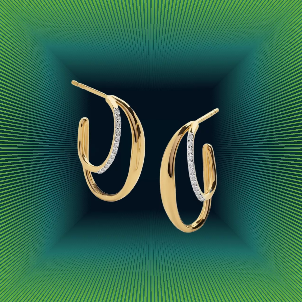 Gold earrings on a green festive background