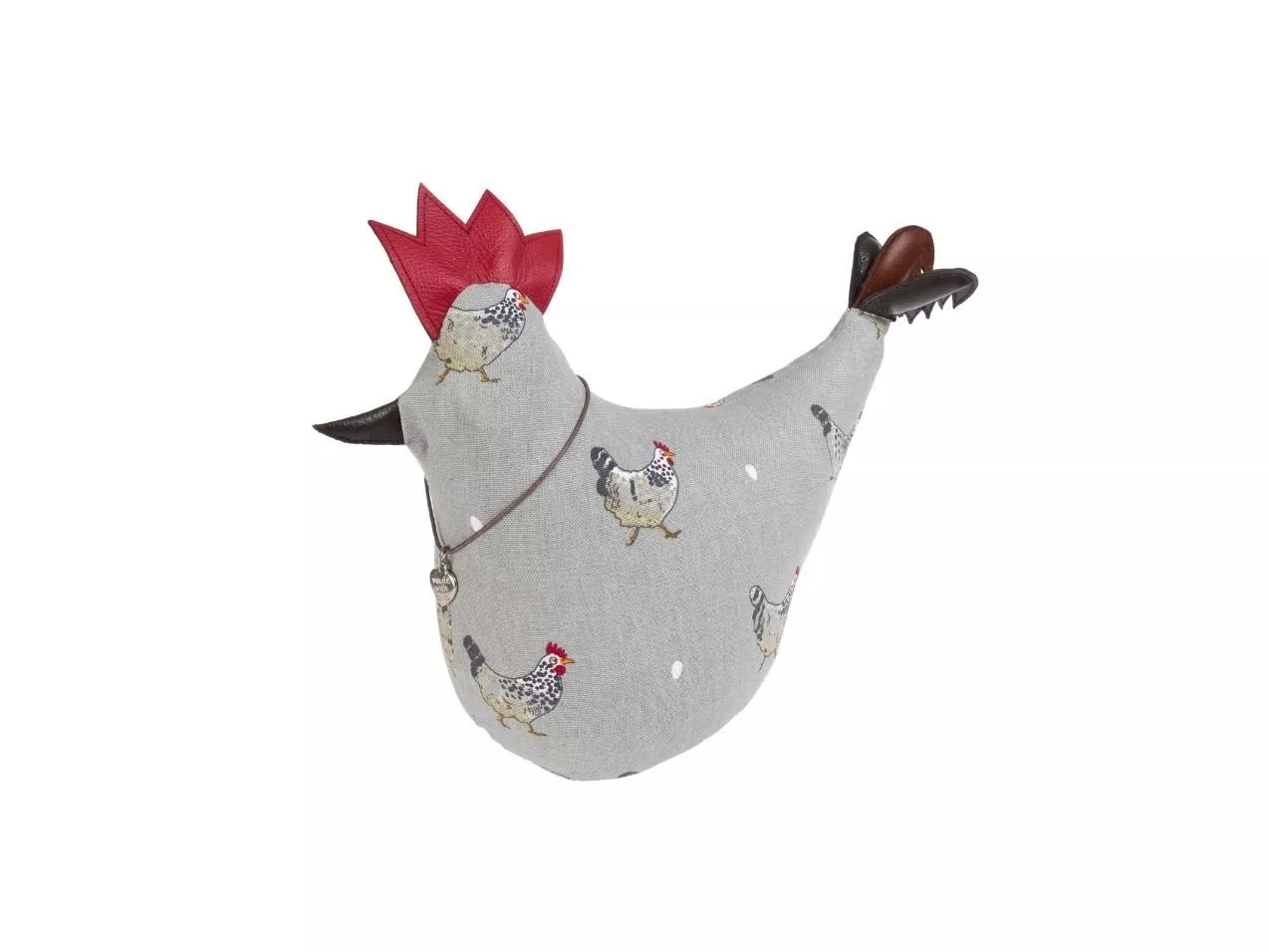 Grey chicken print fabric doorstop with red comb and leather tail, farmhouse home décor accessory on white background