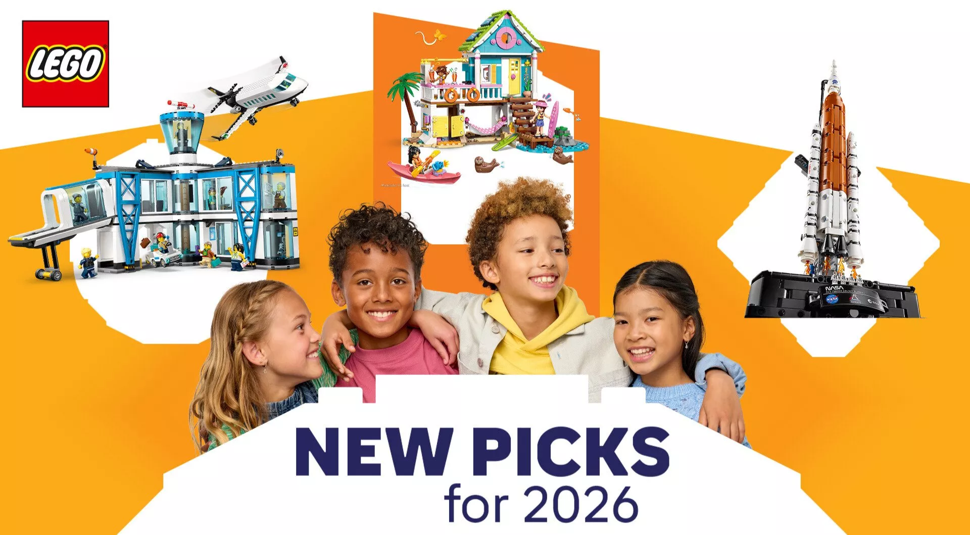 LEGO banner with four smiling children featuring an airport, beach house, and NASA rocket. Text: "NEW PICKS for 2026."
