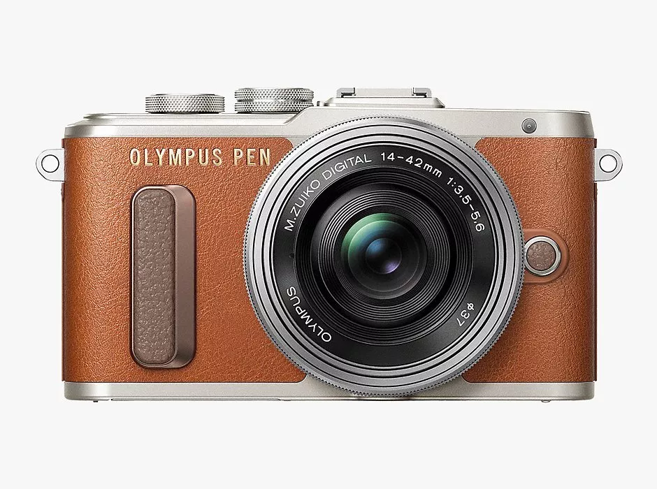 Front view of an Olympus PEN camera with a brown leather finish and a 14-42mm M.Zuiko Digital lens.