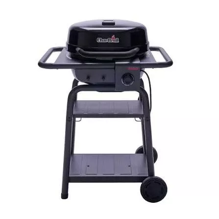 Char-Broil gas barbecue grill on wheeled trolley stand with side shelves, outdoor cooking appliance