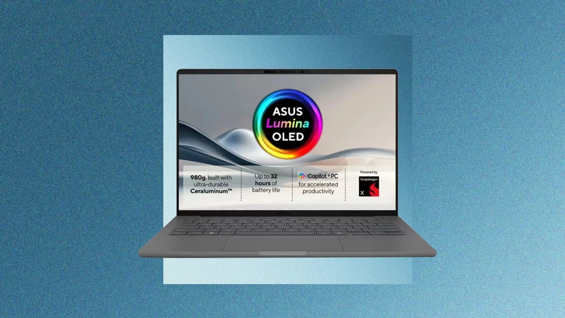 ASUS laptop with Lumina OLED display, lightweight design and long battery life, shown on a blue background