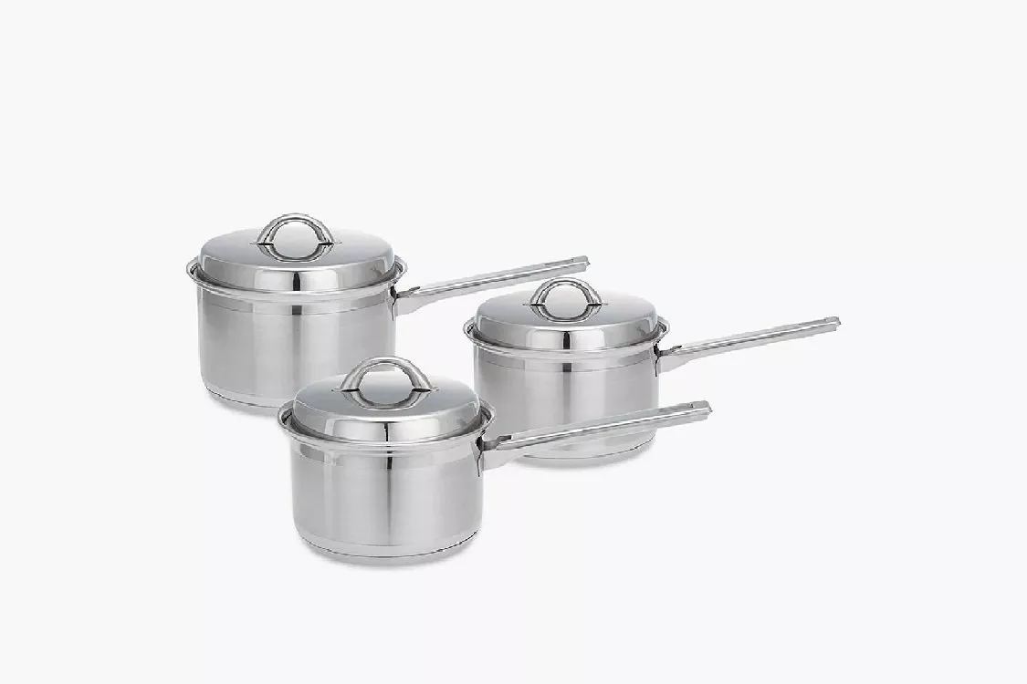 Stainless steel saucepan set with lids, three sizes with long handles, polished finish on white background