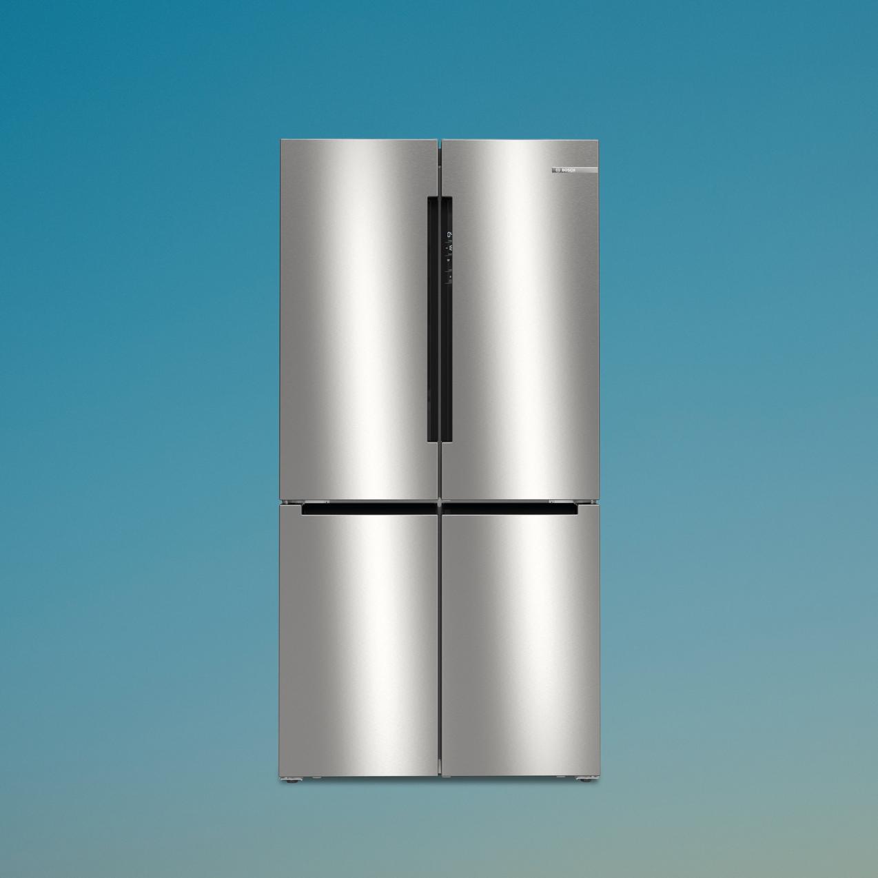 A stainless steel Bosch four-door French door refrigerator centered against a light blue gradient background.