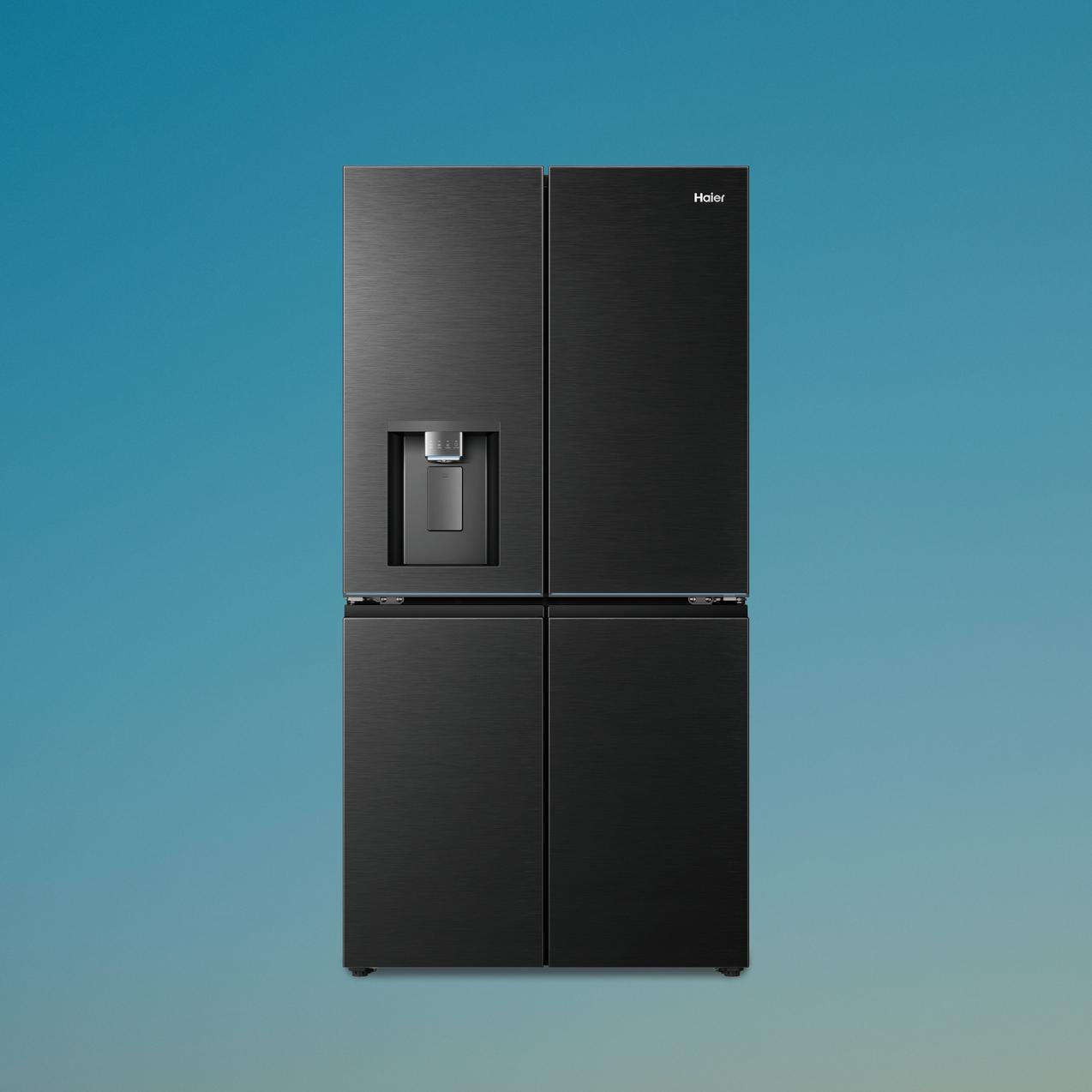 A black stainless steel Haier four-door French door refrigerator with a water dispenser against a blue background.