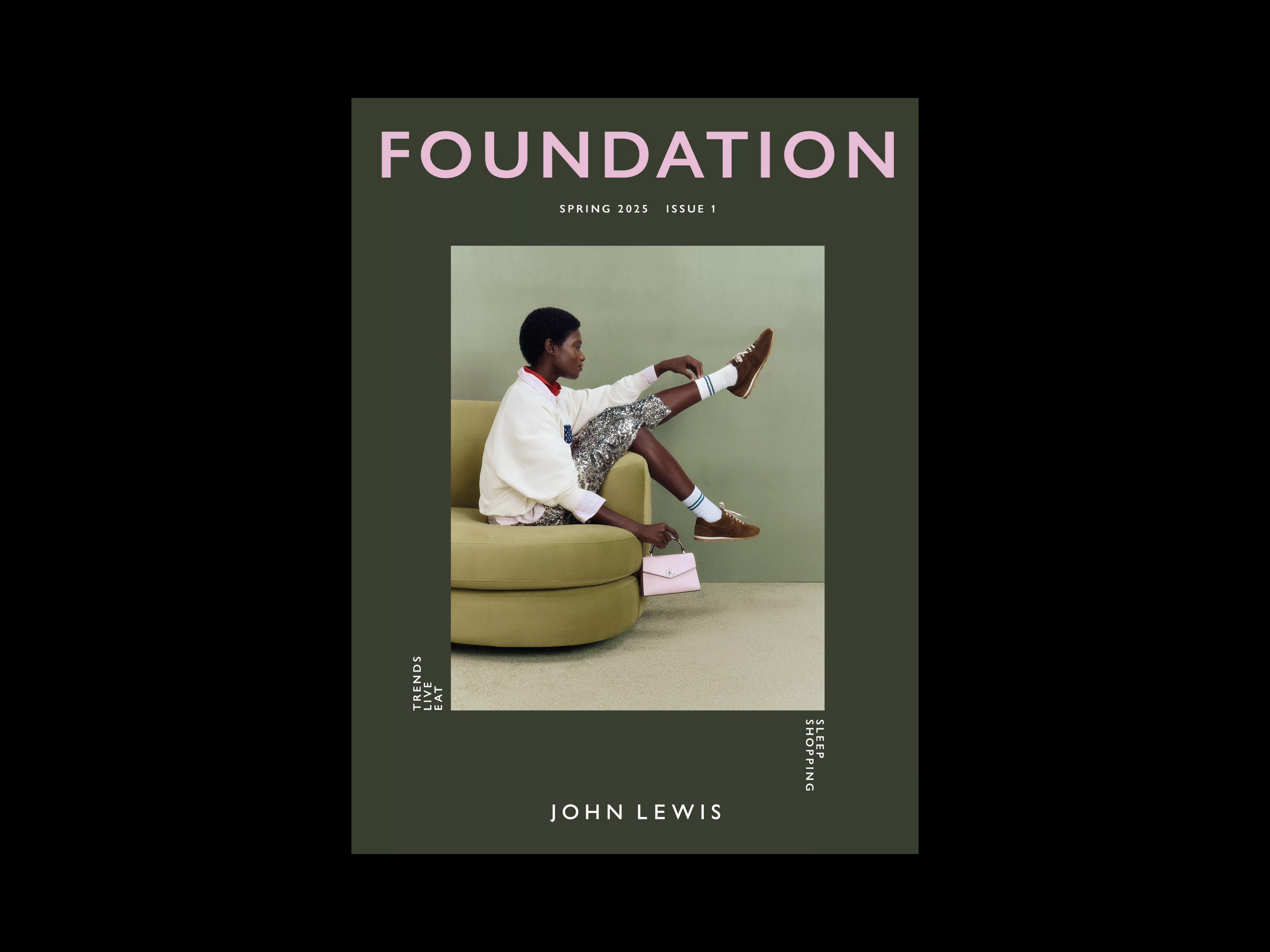 Fashion magazine cover featuring a seated person in stylish attire, showcasing spring trends by John Lewis.