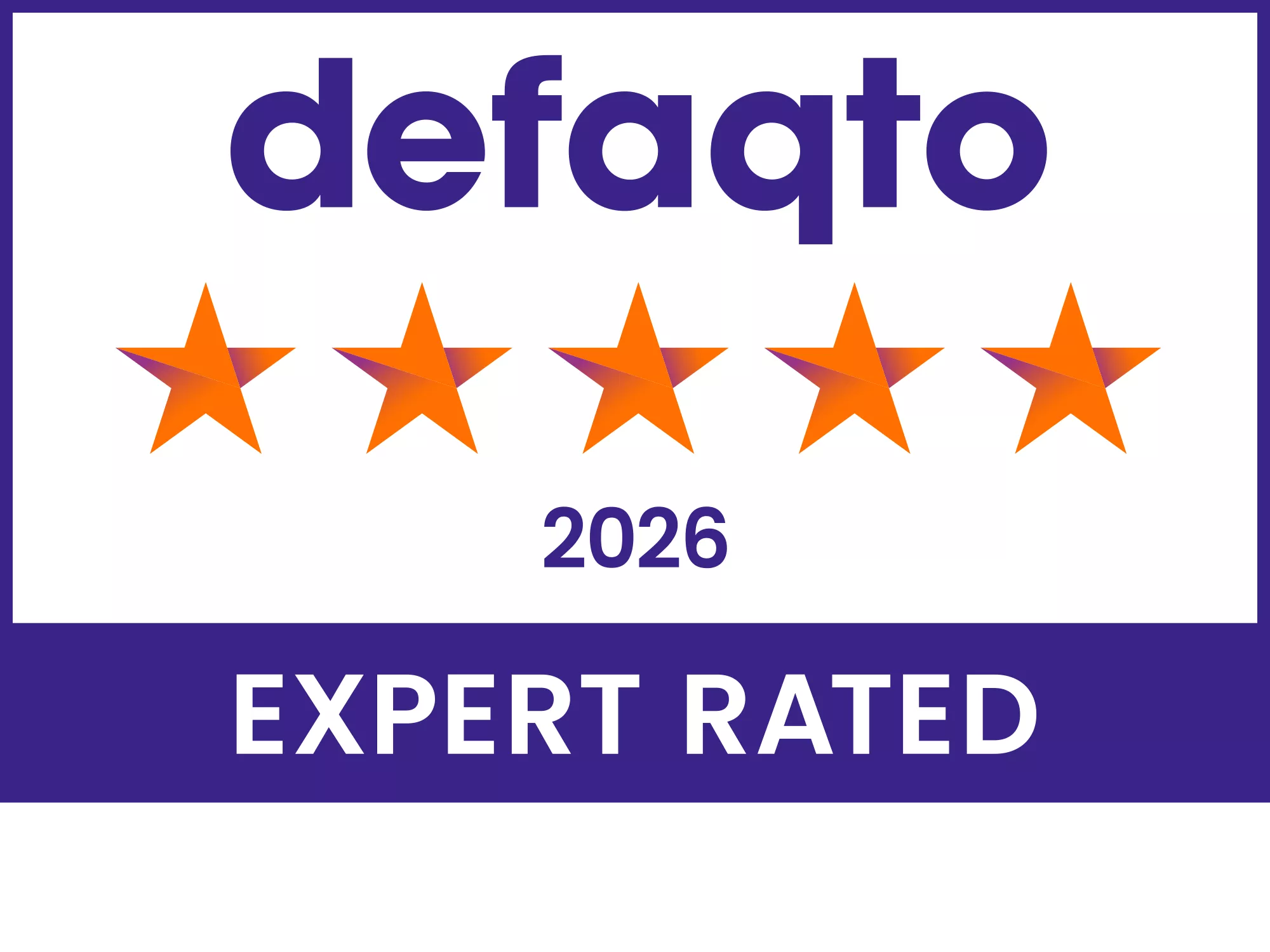 Defaqto 2026 expert rated badge with five orange stars, purple logo and “EXPERT RATED” text on white