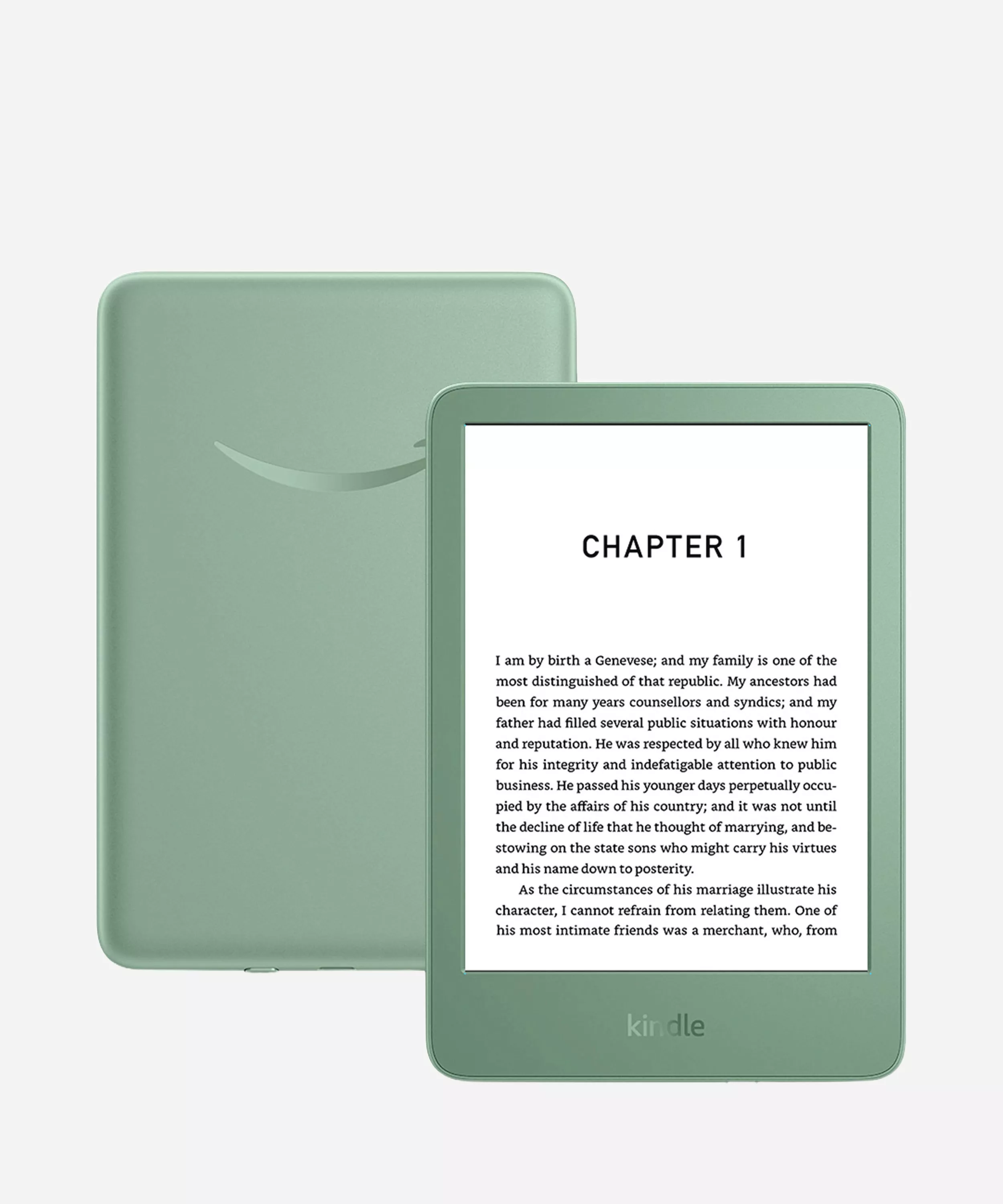 Front and back view of sage green Kindle e-reader showing Chapter 1 page on a clean white background