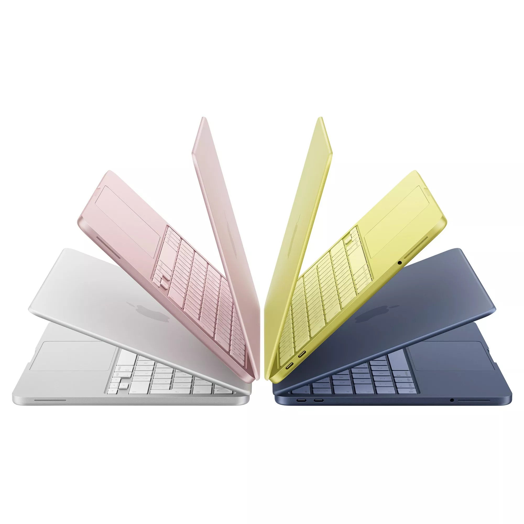 Four MacBook Neo laptops in pink, yellow, blue, and silver, arranged in a star shape, showcasing their sleek designs.