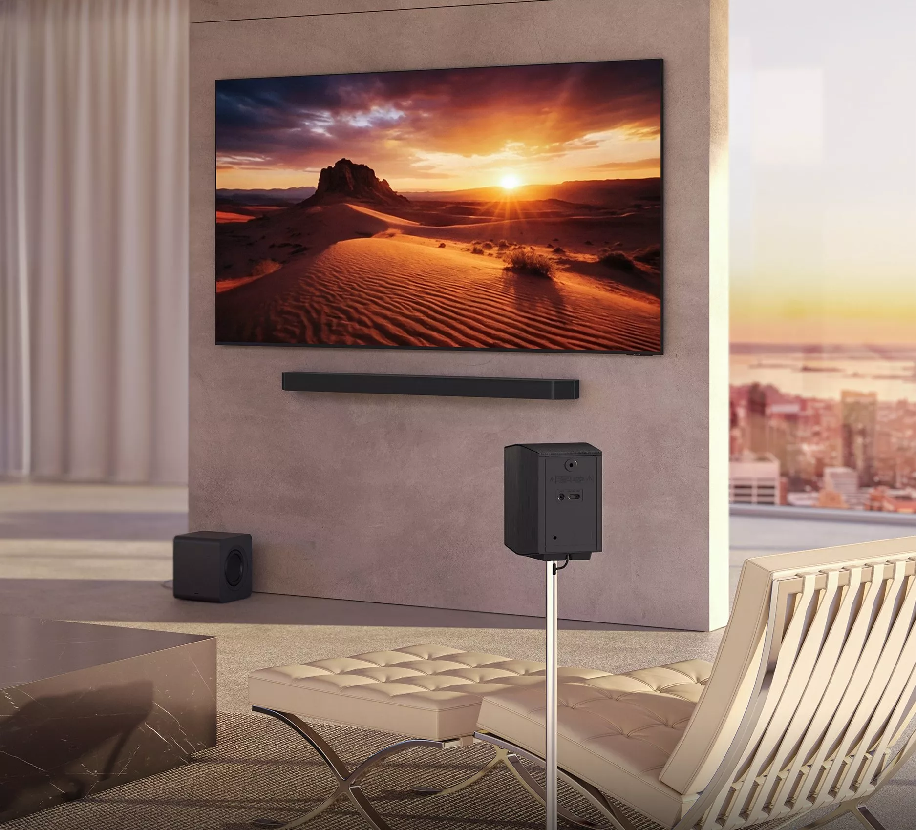 White soundbar on wooden sideboard, under a wall mounted TV 