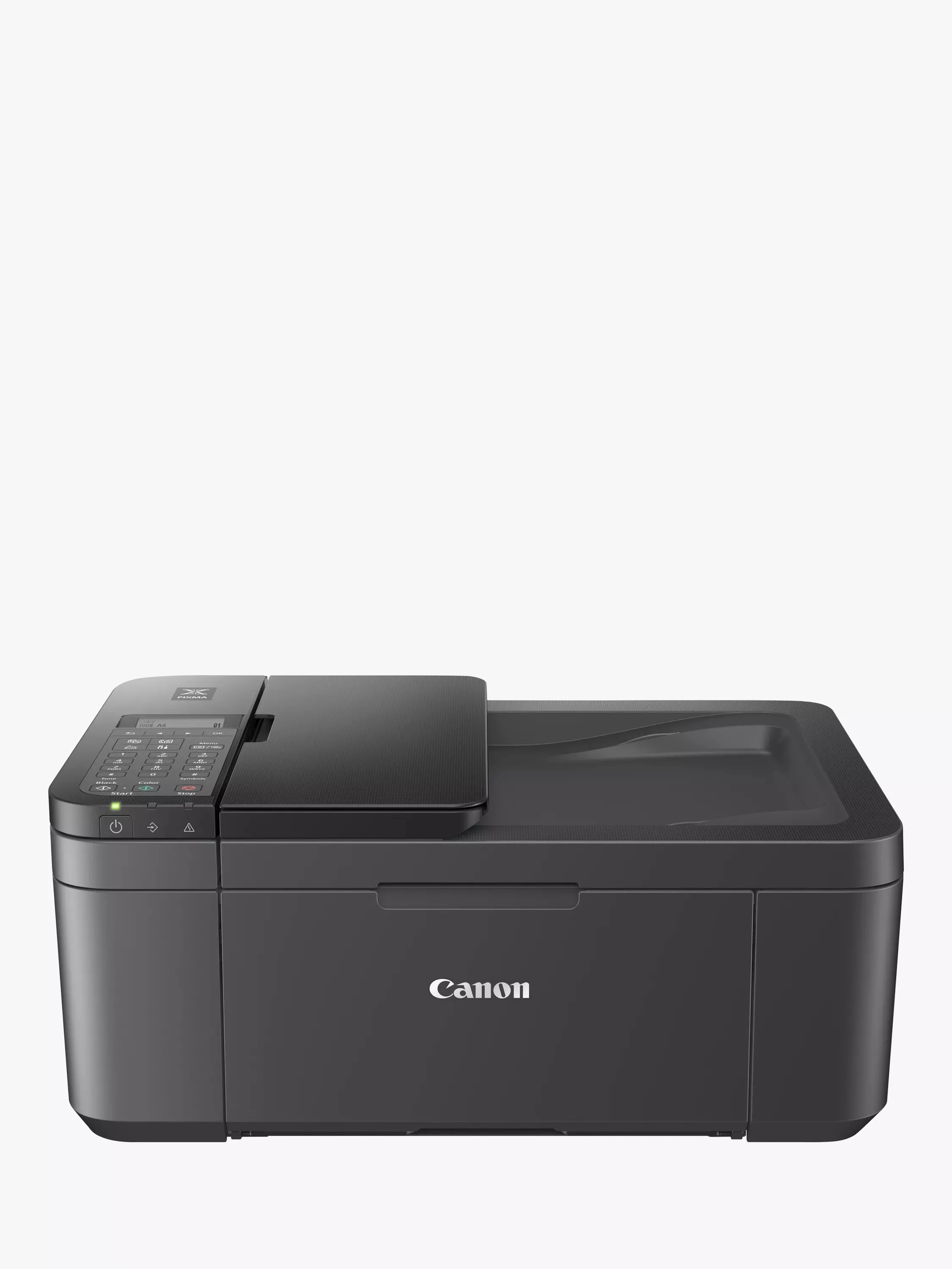 A sleek Canon all-in-one printer with a compact design, featuring a control panel and flatbed scanner on top.