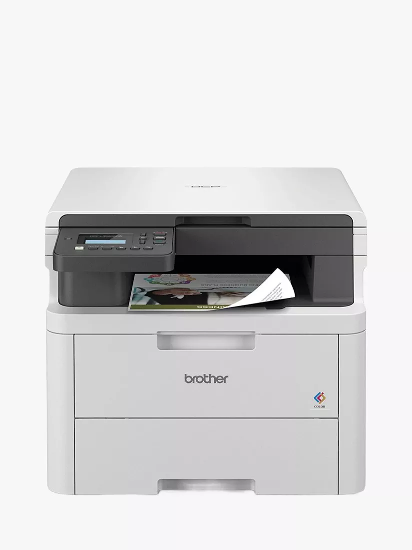A modern Brother laser printer with a compact design, featuring a control panel and a printed document output.