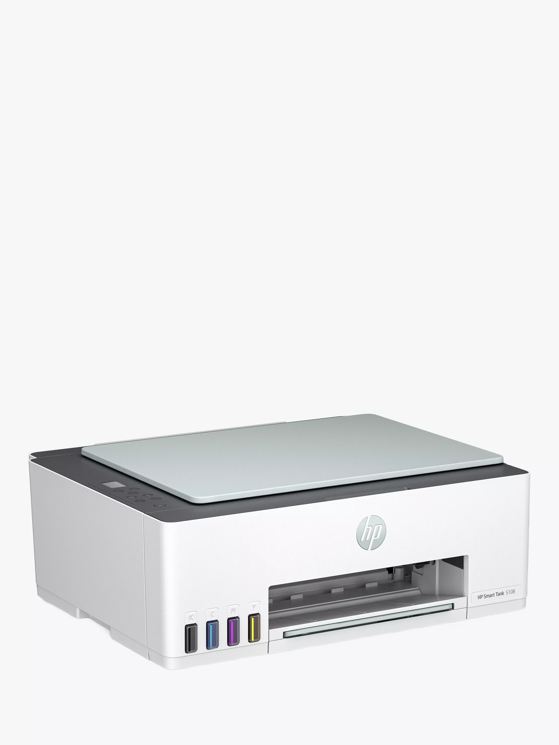 Canon printer in black, front view. Visible ink tanks on the right side and control panel on the left.