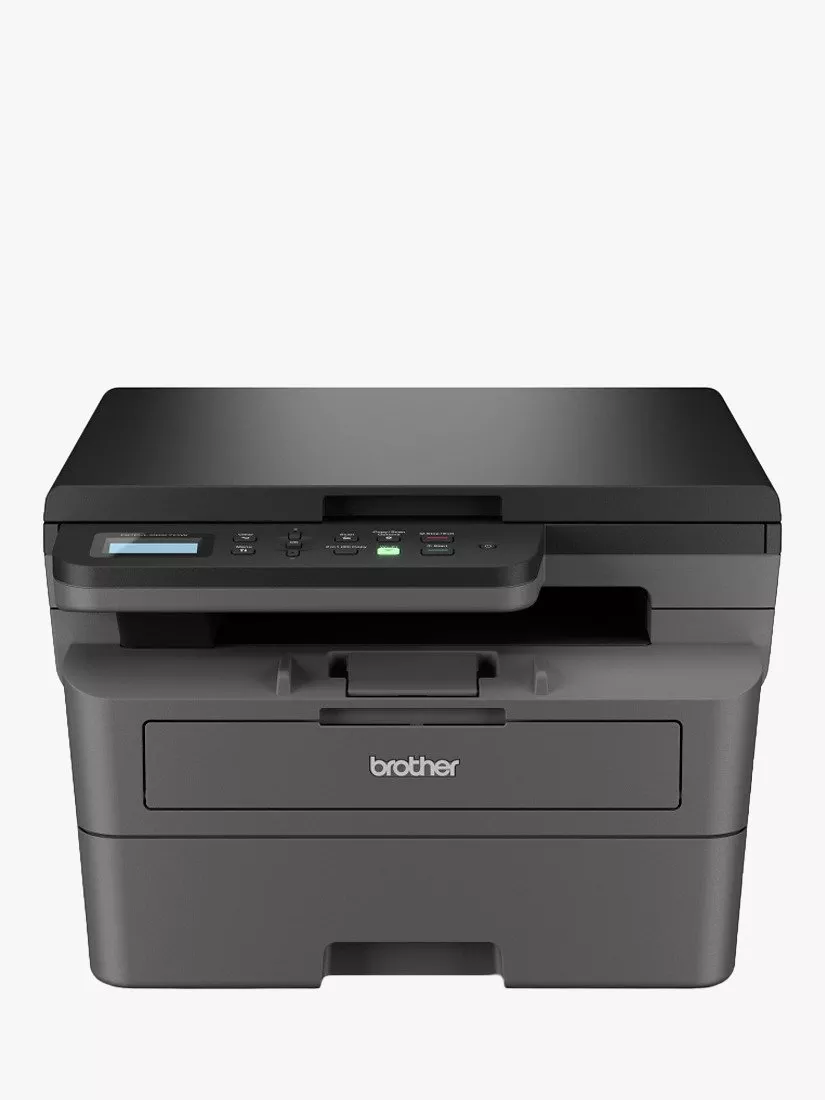 A black Brother multifunction laser printer with a compact design, featuring a control panel and paper tray.