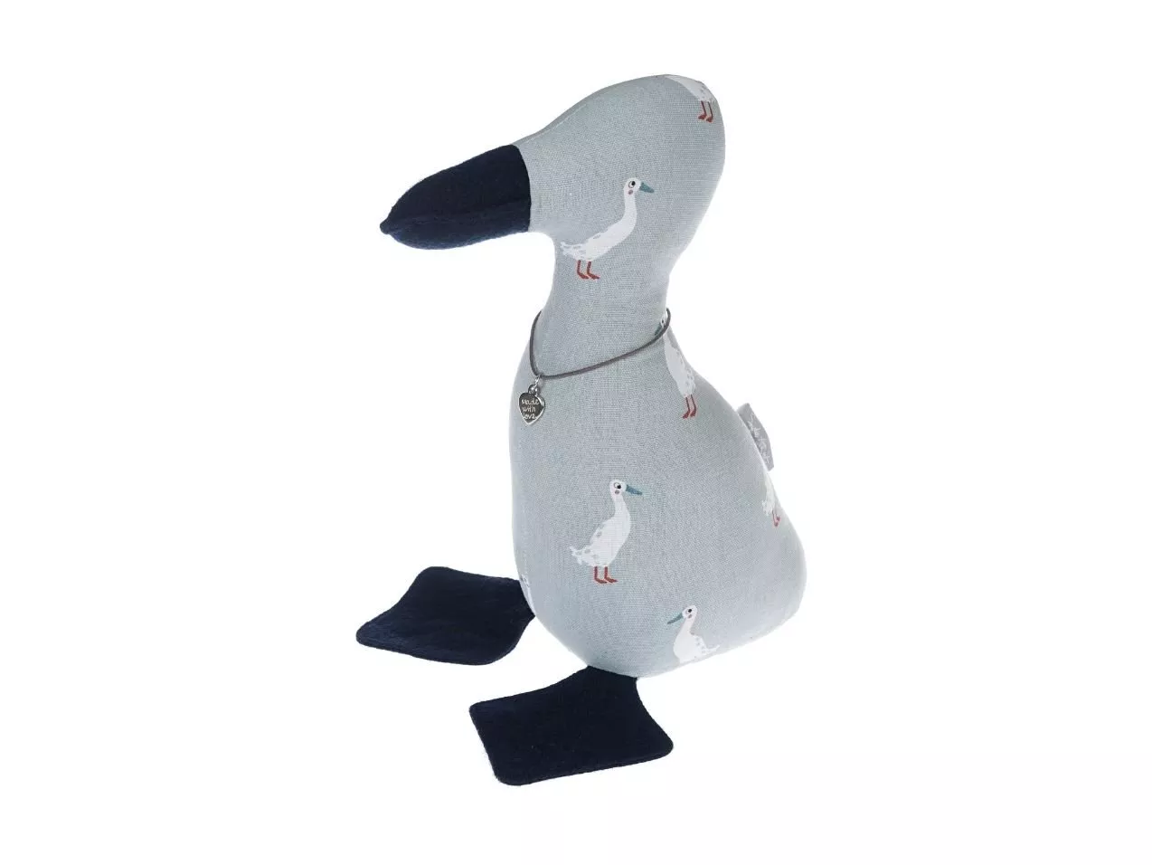 Grey fabric duck doorstop with goose print, black beak and feet, featuring a small heart charm on a cord necklace