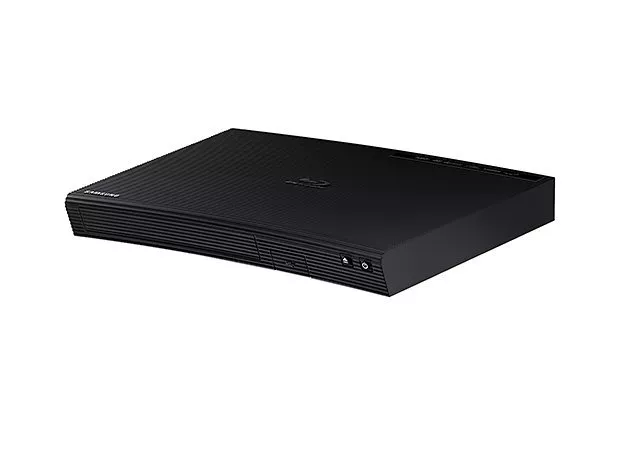 Slim black Blu-ray player with a sleek design, featuring control buttons on the front panel for easy access.
