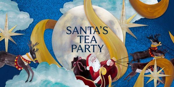 Santa’s Tea Party festive illustration with Santa in sleigh, reindeer, moon, stars and clouds on blue sky
