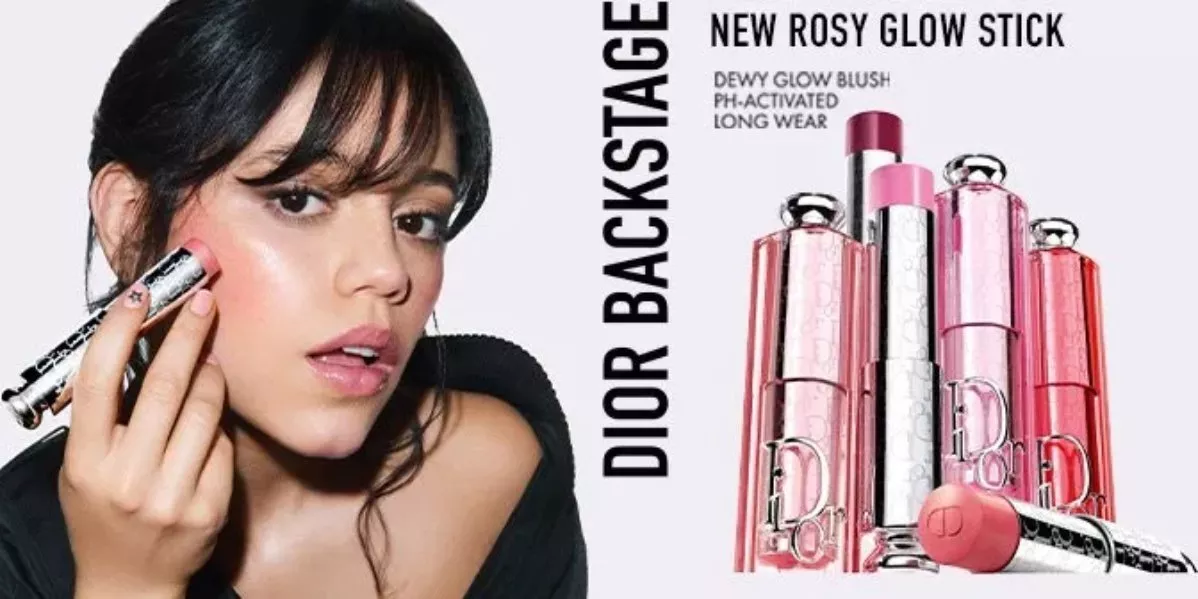 Image of models using Dior blush with text in the banner