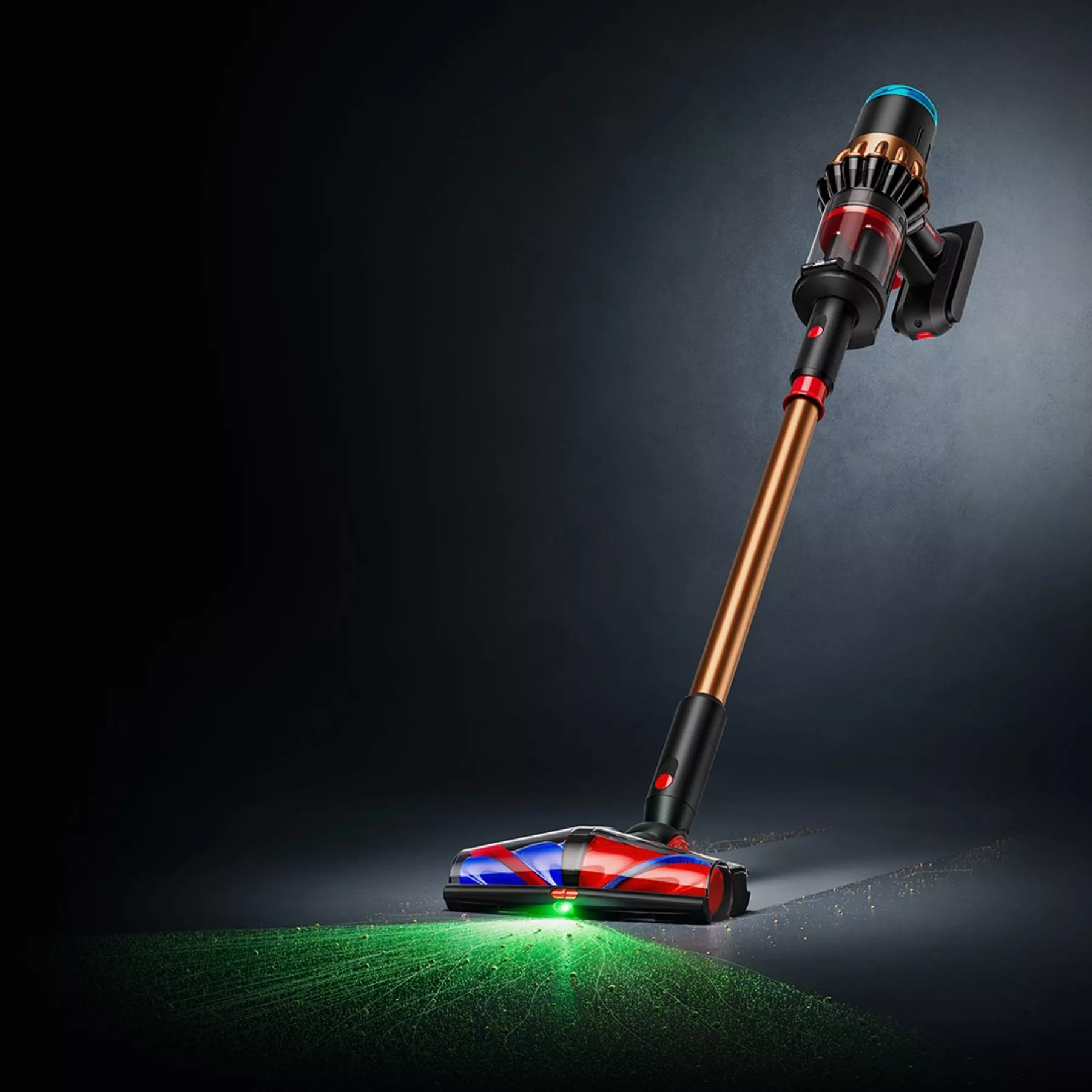 Cordless stick vacuum cleaner with LED floor head, cleaning dust on carpet in a modern home setting