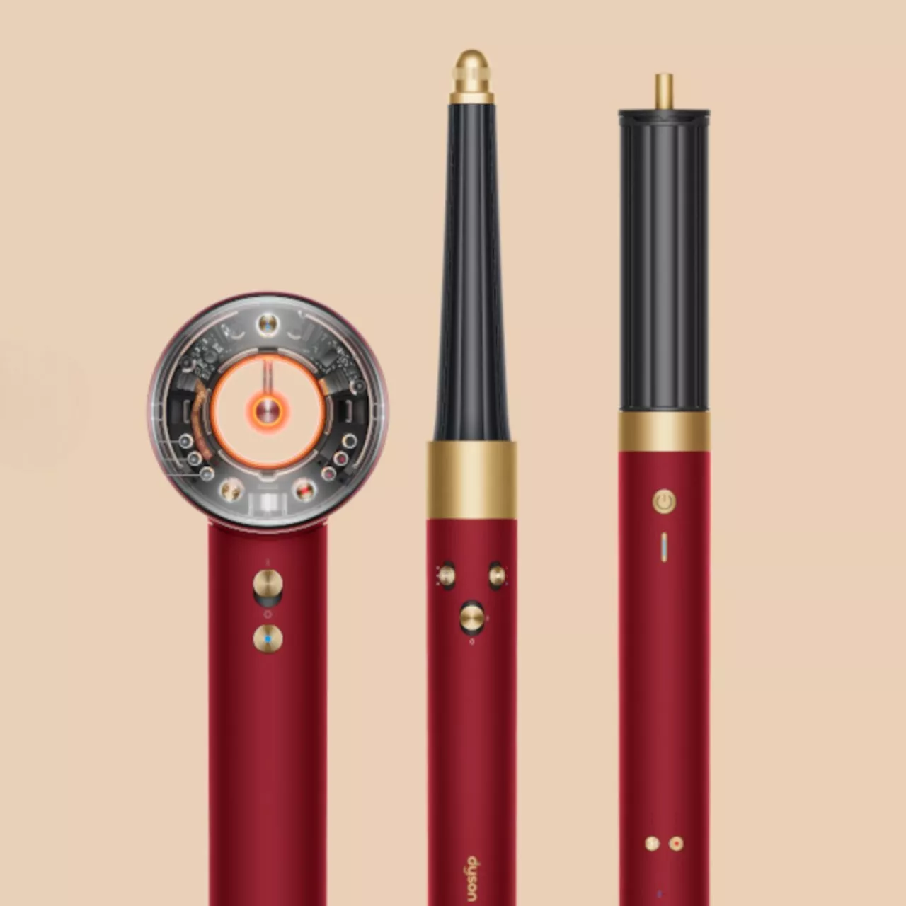 Red and gold hair styling tools with sleek designs, featuring buttons and attachments on a beige background.