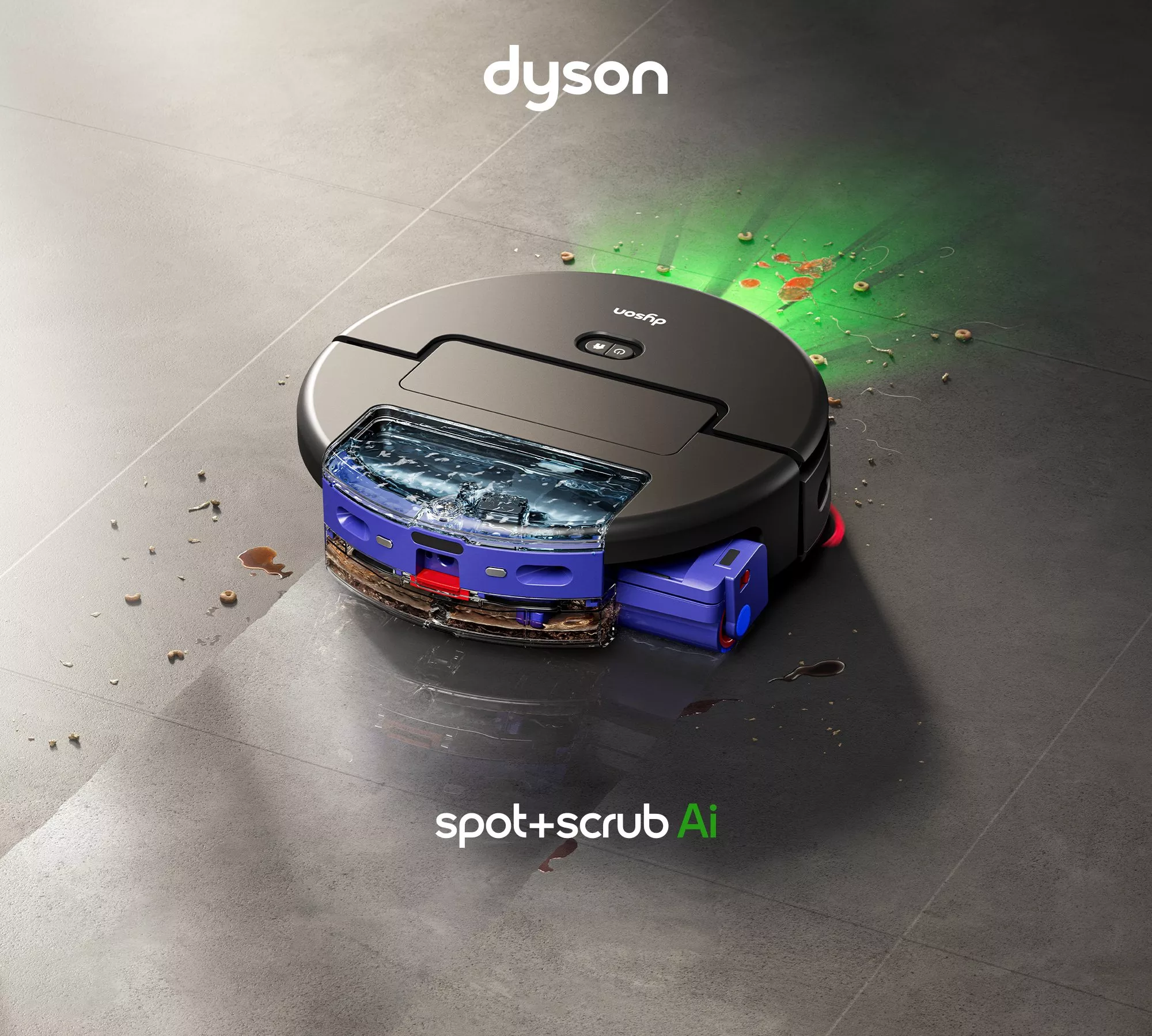 Dyson robot vacuum cleaning a dirty floor with a green light shining ahead of it