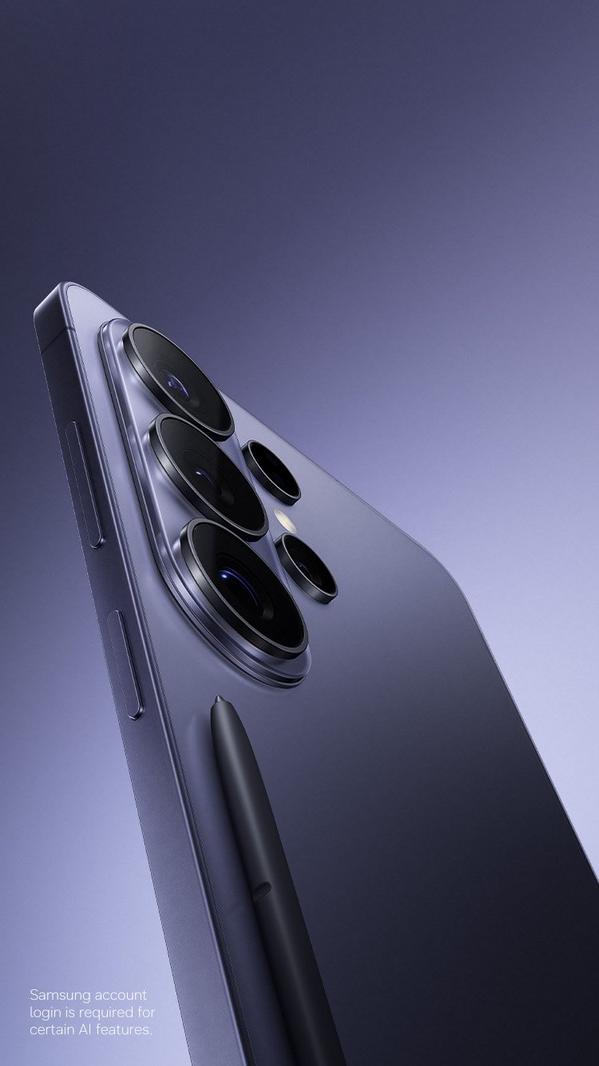 Sleek smartphone in purple with multiple rear cameras and a stylus pen, showcasing modern design and technology.