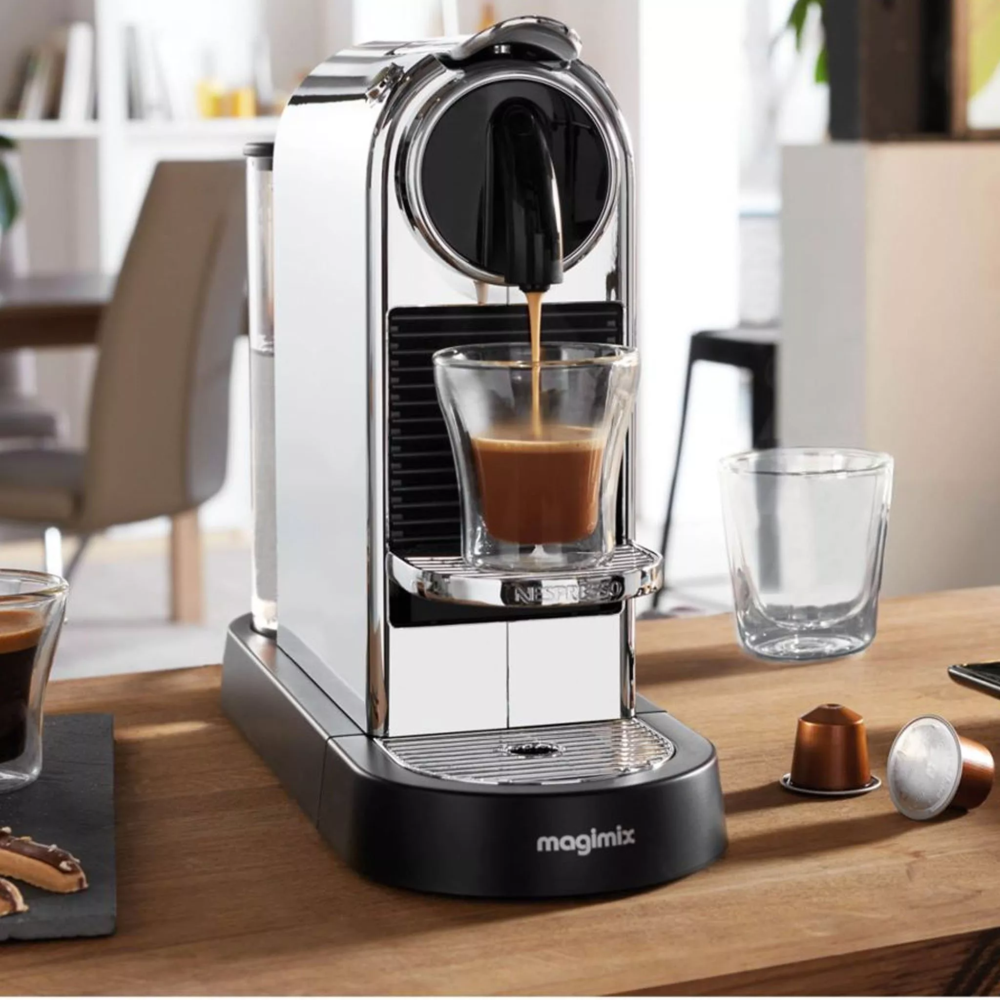 Nespresso pod machine making an espresso shot