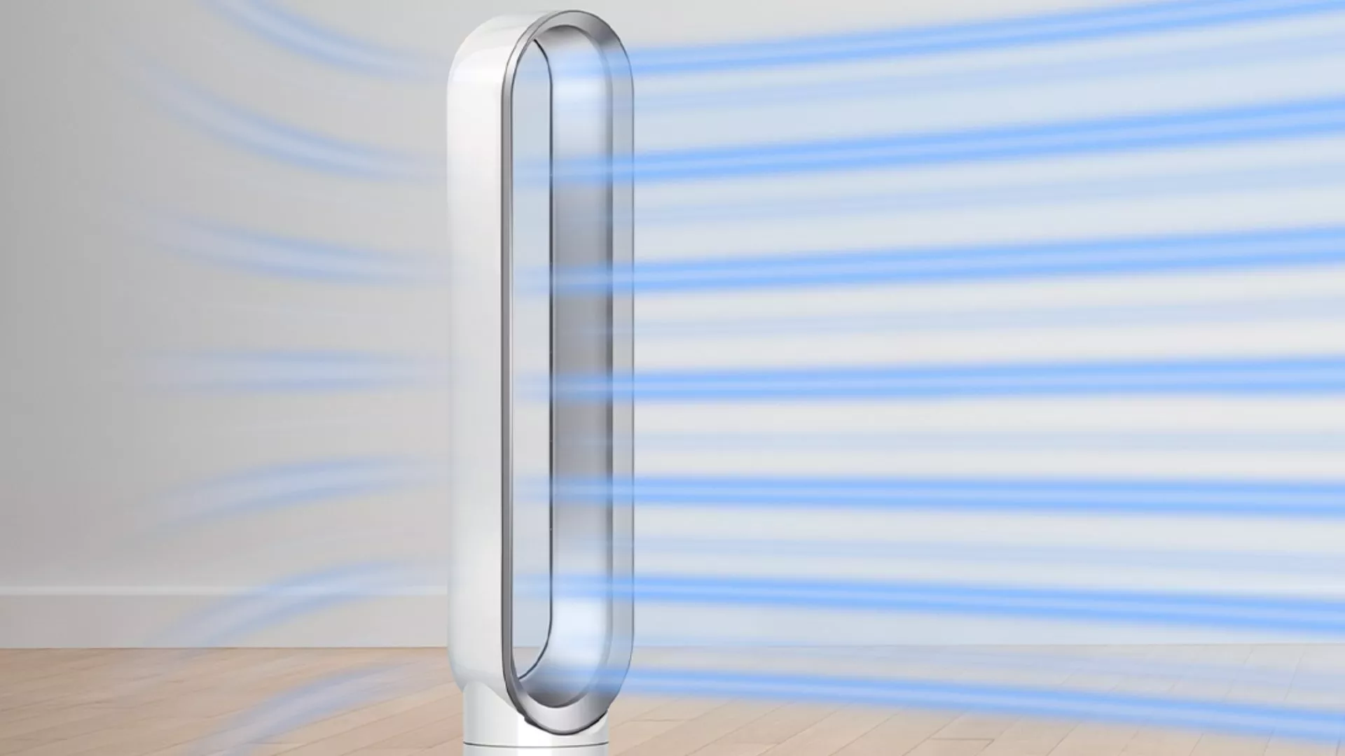 Modern bladeless tower fan cooling a room, showing blue airflow streams for quiet home air circulation