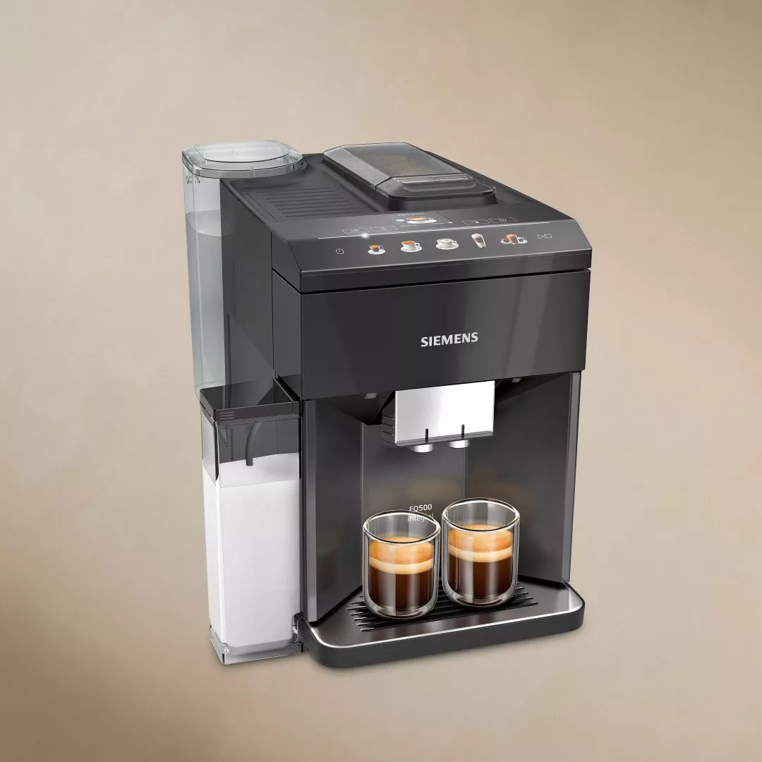 Siemens coffee machine brewing two cups, featuring sleek design and intuitive controls against a beige background.