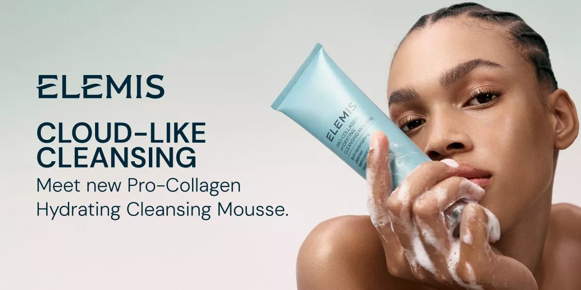 This is banner for Elemis showing a model with the new Pro Collagen Hydrating Cleansing Mousse.