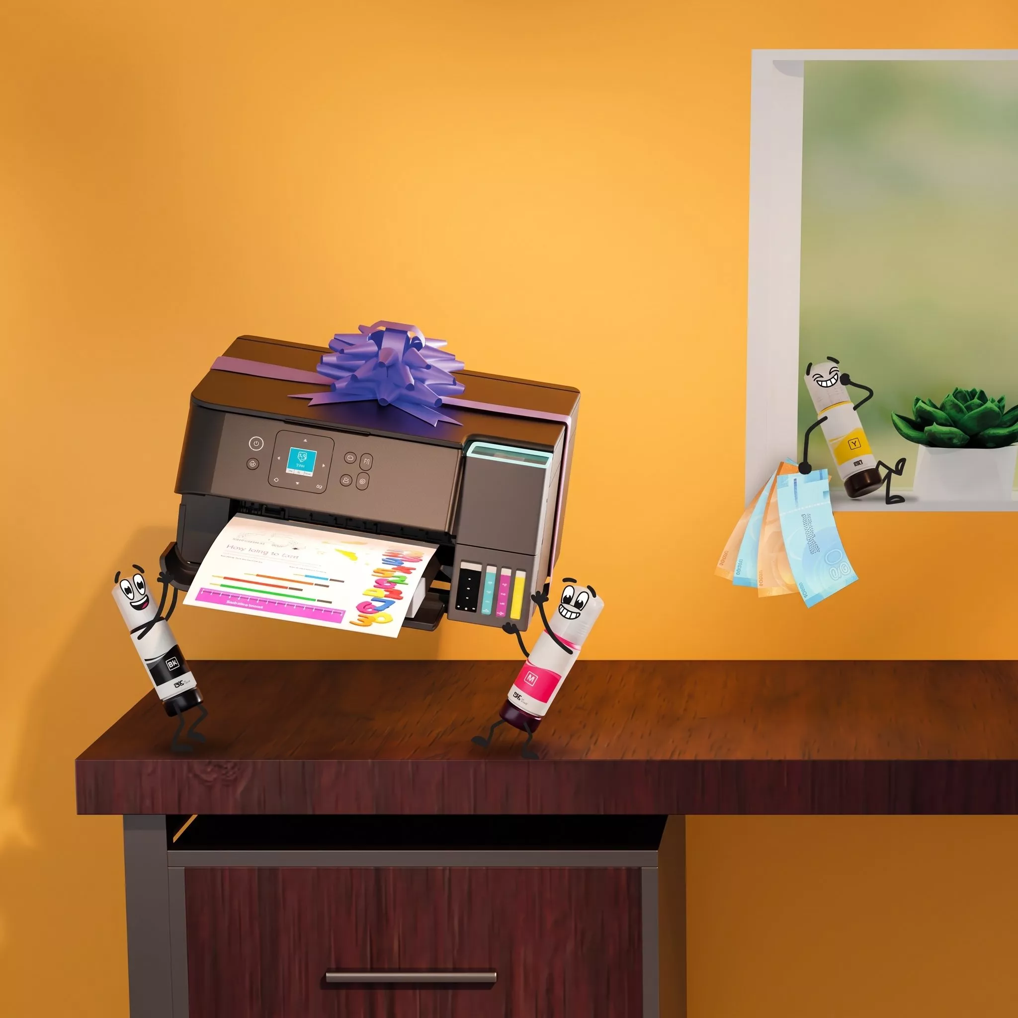 An EcoTank printer wrapped with a purple gift bow rests on a dark wooden desk beside playful animated ink bottle characters on an orange background.