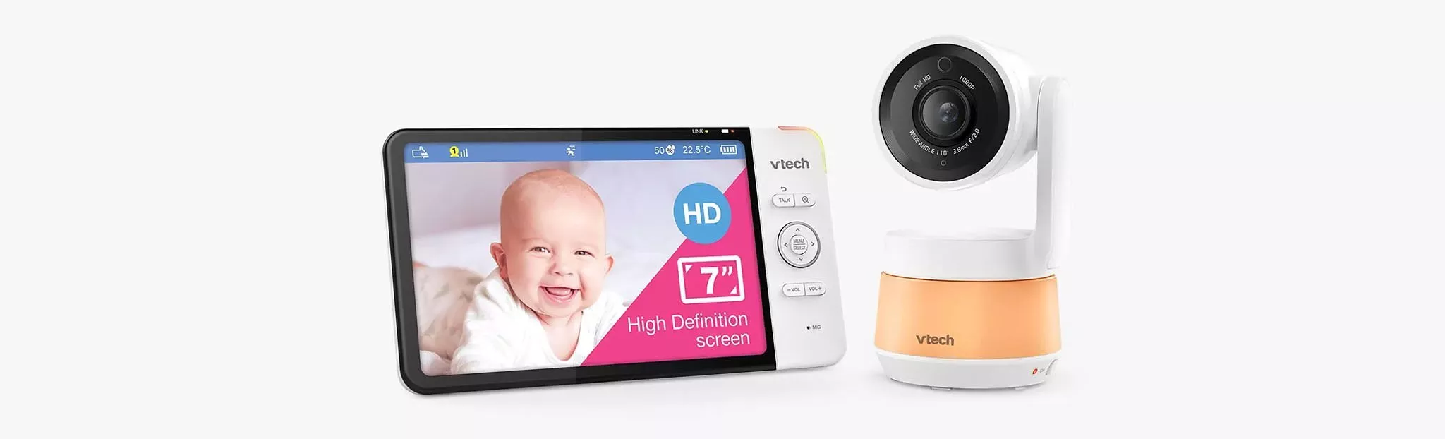 VTech HD baby monitor with 7-inch screen and wireless camera unit, showing infant on the parent display